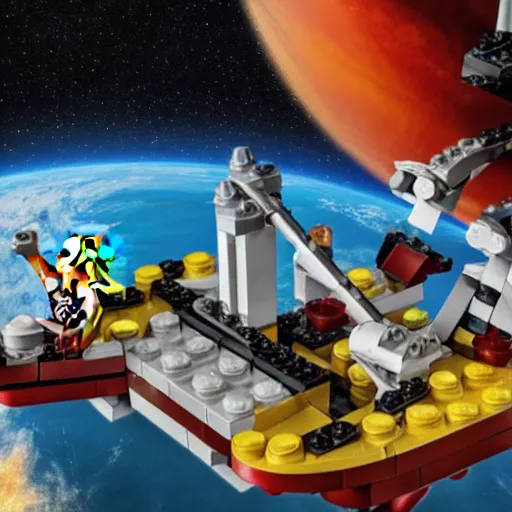 Image similar to lego scene of a pirate ship in space, photo realistic hd