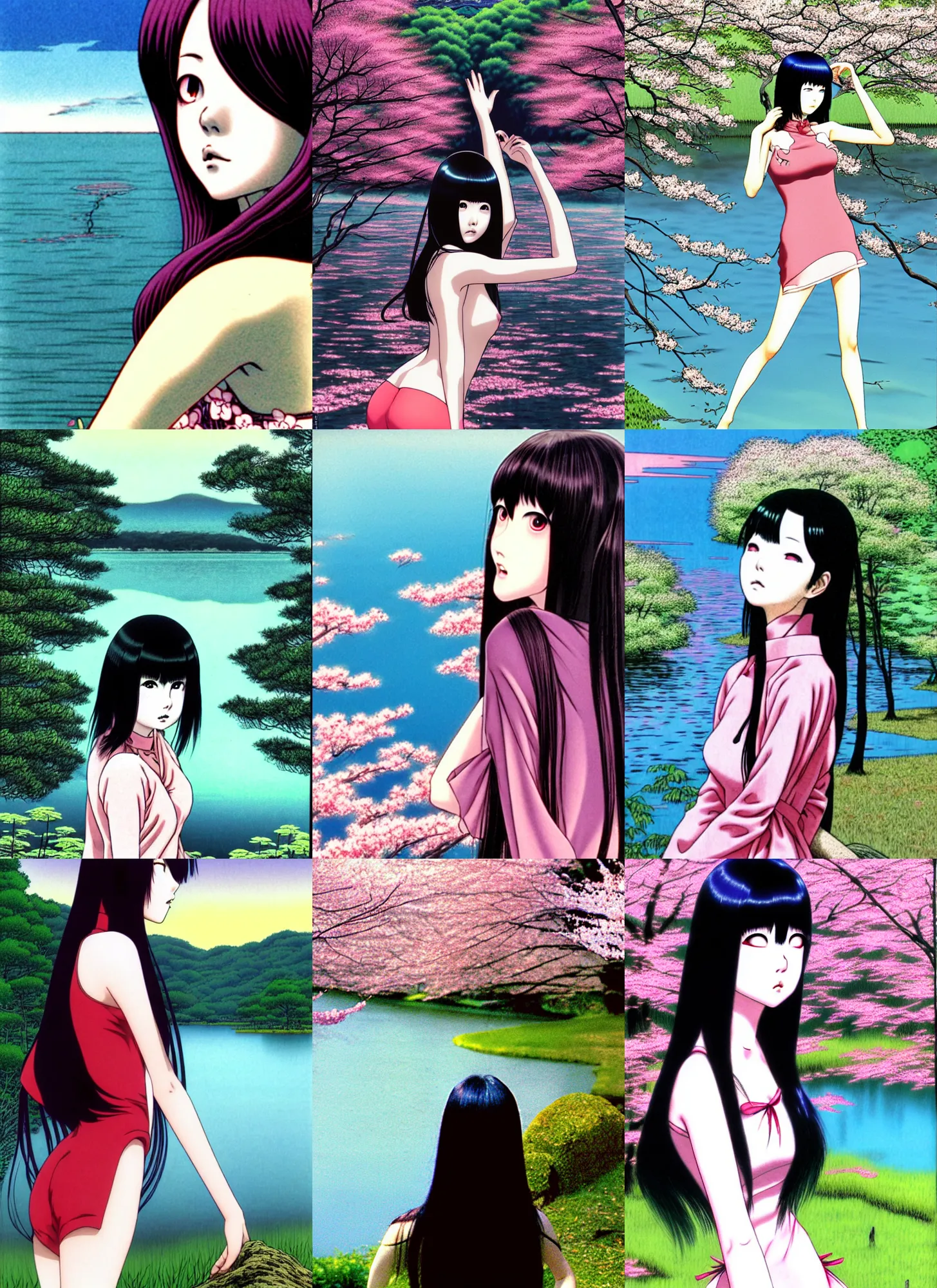 Prompt: tomie from junji ito staring at a beautiful lake surrounded by a lush cherry blossom forest, over the shoulder shot, by ohrai noriyoshi