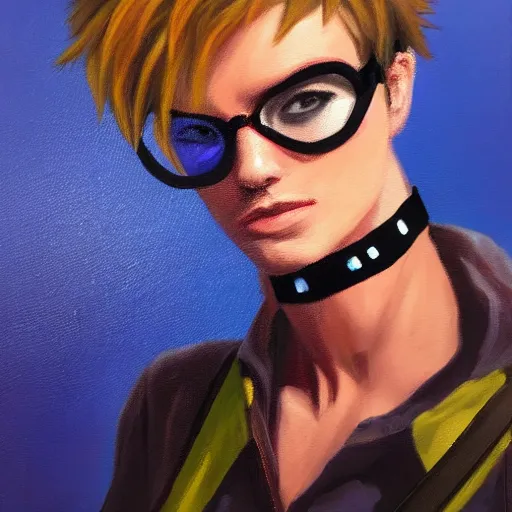 Prompt: oil painting of punk looking tracer wearing steel choker,