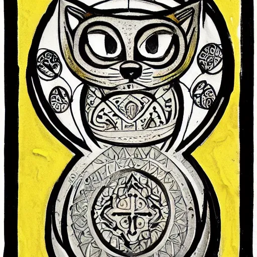 Image similar to tattoo sketch of a cat hugging the sun, on a yellow paper, byzantium ornament, tribal