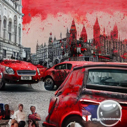 Image similar to A British European City with cars and people roaming inside of the city, certain aspects of the background are lens blurred, splatters of red and red paint circle significant parts of the city, blots of red paint, some of the people are even painted red, black and white photograph painting, real life, realistic, hyperrealistic, very realistic, photo photograph, photo, photograph, painting, oil painting, ultra realistic, very detailed, extremely detailed, highly detailed, HD Quality, 4k resolution, 8k resolution, trending on artstation, in the style of an Album Cover, cool, epic, nostalgic, intricate details