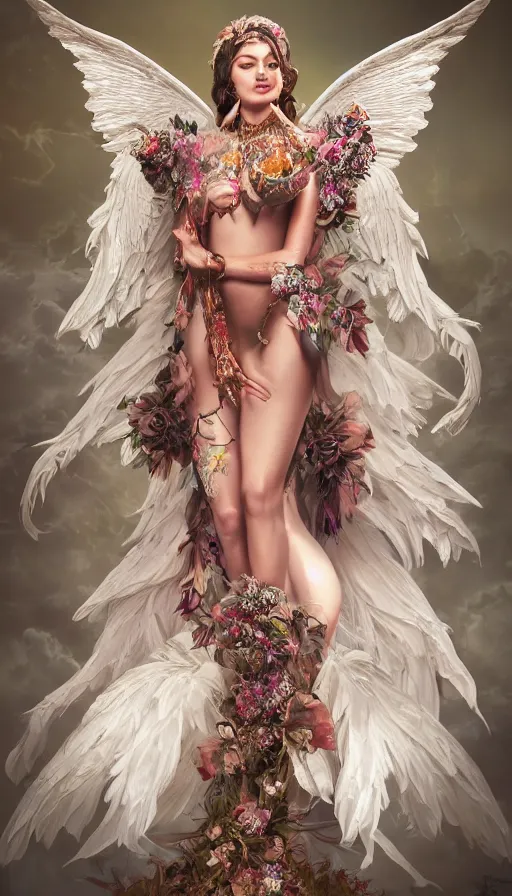 Image similar to expressive full body photo of sophia lauren as beautiful angel, smooth glowing skin, ornate headpiece made from flowers, ornaments, glamour shot, by karol bak, by stefan gesell, by artgerm, octane render, unreal engine, photorealistic, canon r 3, fashion photography, studio shot