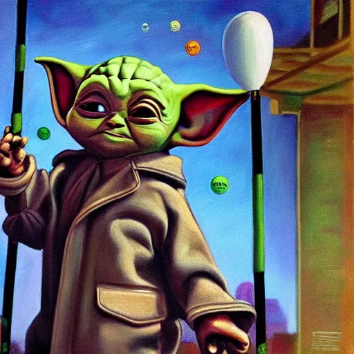 Image similar to masterful oil on canvas painting, eye - level view, medium - shot, baby yoda is at the busy school playground in a cyberpunk city. baby yoda smiles and plays on a swing set. golden hour. realism, detailed, depth, chiaroscuro, limited color palette. in the background some balloons float in the sky. mandalorian ( tv ).