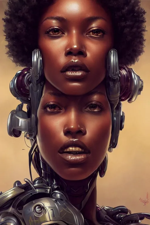 Image similar to ultra realistic illustration, closeup portrait, black mixed beautiful woman, hugging a robot, cyberpunk, sci - fi, fantasy, intricate, elegant, highly detailed, digital painting, artstation, concept art, smooth, sharp focus, illustration, art by artgerm and greg rutkowski and alphonse mucha