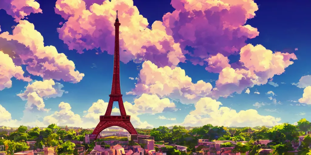 Image similar to a view on eiffel tower with amazing clouds and blue sky, in the style of makoto shinkai anime and studio ghibli anime, colorful, romantic, 4 k resolution,