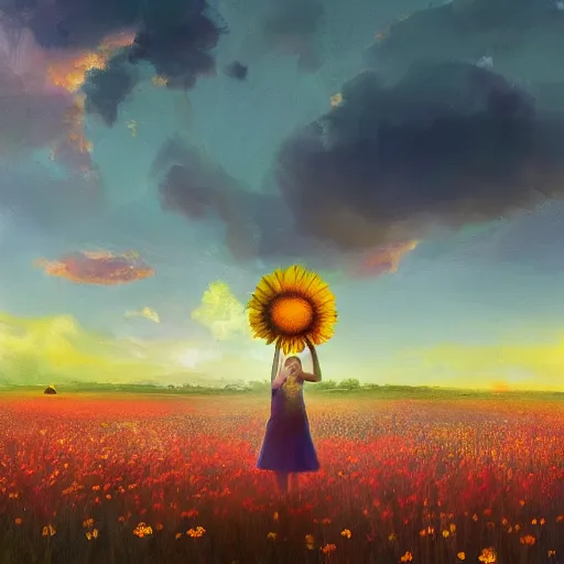 Prompt: giant daisy flower head, girl standing in a flower field, surreal photography, sunrise dramatic light, impressionist painting, colorful clouds, digital painting, artstation, simon stalenhag, flower face