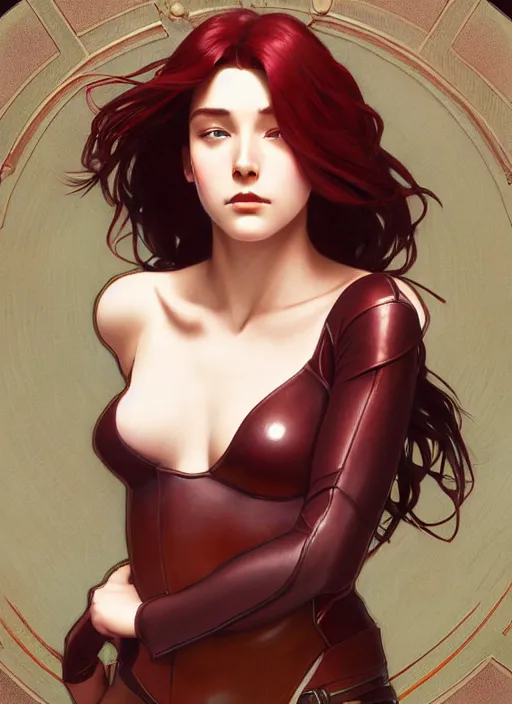 Image similar to pretty young woman with shoulder length shiny shimmering dark red hair and wearing leather suit, path traced, highly detailed, high quality, digital painting, by studio ghibli and alphonse mucha, leesha hannigan, makoto shinkai, disney