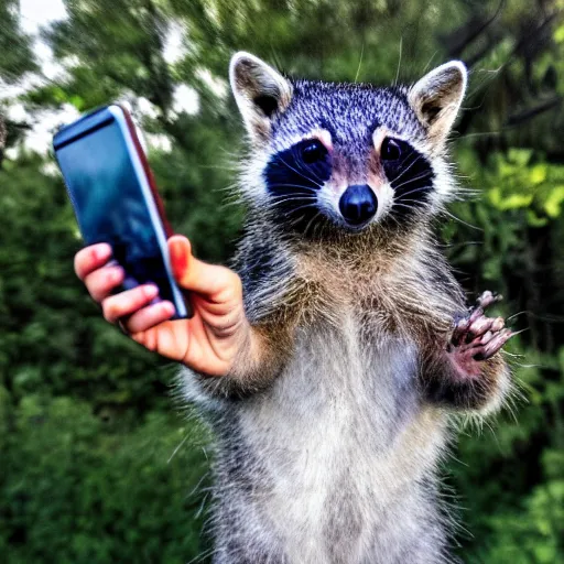 Prompt: a dancing raccon with a smartphone in his paw, realistic nature photography