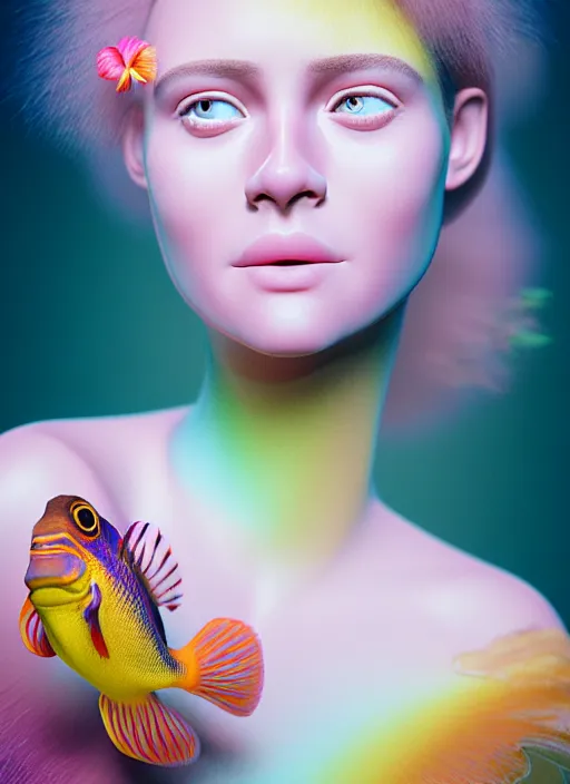 Prompt: Kodak Portra 400, 8K, soft light, volumetric lighting, highly detailed, fine art portrait photography in style of Giovanni Gastel , britt marling style 3/4 face morphing with soft pastel colors tropical fishes, metamorphosis complex 3d render, 150 mm lens, soft blur background, bust with intricate details, elegant, hyper realistic, ultra detailed, octane render, etheric, outworldly colours, emotionally evoking, head in focus, fantasy, ornamental, intricate, elegant, 8K, soft light, volumetric underwater lighting, highly detailed, Refined, Highly Detailed, soft lighting colors scheme, fine art photography, Hyper realistic, photo realistic