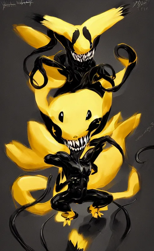 Image similar to venom as pikachu, dynamic lighting, photorealistic dark fantasy concept art, trending on art station, stunning visuals, creative, cinematic, ultra detailed