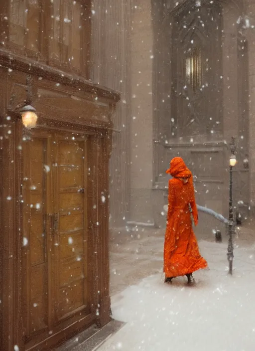 Image similar to back of emma stone in beige coat, orange hair, walking into new york apartment building in winter, opening door, building entrance, snow, zoomed out, artwork by gaston bussiere, craig mullins, trending on artstation