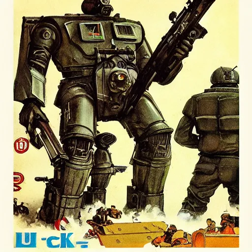 Image similar to Soviet mechs in the style of Norman Rockwell, world war 2, WWII, propaganda poster, sci-fi illustrations, highly detailed, award-winning, patriotic, soviet, ussr, dark, gritty, ink