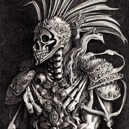 Image similar to skeleton warrior in a fire horse with a very ornate armor, very detailed, complex drawing, hyper detailed, renaissance, monochrome, albert durer style