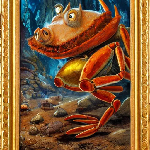 Prompt: crab - pig creature, oil painting by justin gerard