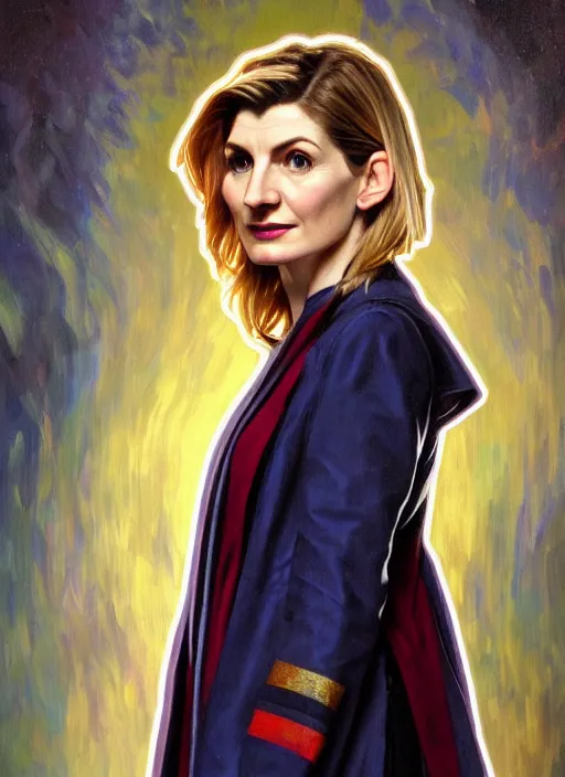 Image similar to oil painting of jodie whittaker as doctor who, intricate, elegant, highly detailed, lighting, painting, artstation, smooth, illustration, art by greg rutowski and alphonse mucha