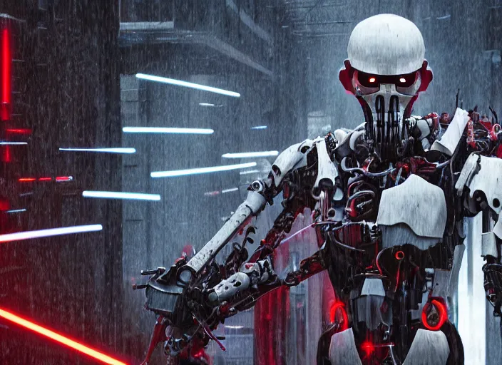 Image similar to portrait photo of general grievous with heavy duty biomechanical cybernetic body with 4 arms holding 4 activated red lightsabers in the rain. cyberpunk horror style.