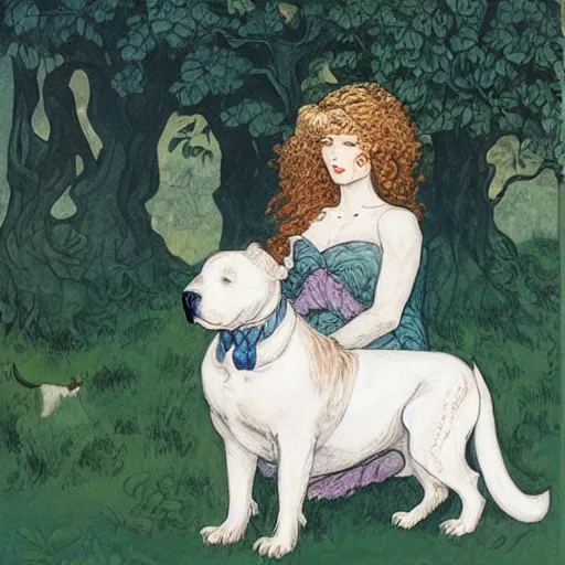 Prompt: pretty girl with curly blonde hair pets a white pitbull sitting next to her, painting by rebecca guay