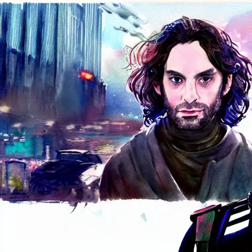 Image similar to a realistic star wars watercolor fantasy concept cart of chris d'elia as a drug dealer in a sleazy futuristic city of coruscant, hq, 4 k