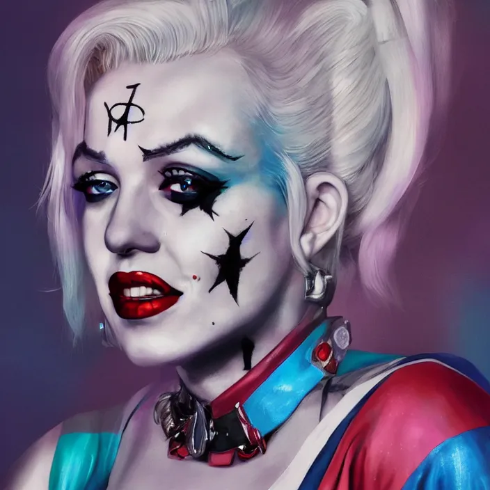 Image similar to portrait of Marilyn Monroe as a harley quinn in Suicide Squad. intricate artwork. by Tooth Wu, wlop, beeple, dan mumford. octane render, trending on artstation, greg rutkowski very coherent symmetrical artwork. cinematic, hyper realism, high detail, octane render, 8k