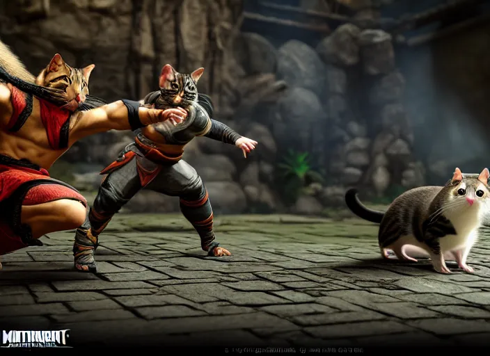 Image similar to hamster fights a cat in mortal kombat on the background of a laughing shao khan. fantasy magic style. highly detailed 8 k. intricate. lifelike. soft light. sony a 7 r iv 5 5 mm. unreal engine with nanite and path tracing