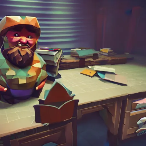 Prompt: A low poly dwarf peeking over his desk surprised at the amount of mail on the desk, deep rock galactic screenshot