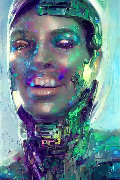 Prompt: portrait, headshot, digital painting, an beautiful techno - shaman cyborg lady, smiling, pearlescent, synthwave, glitch, fracture,, realistic, hyperdetailed, chiaroscuro, concept art, art by john berkey