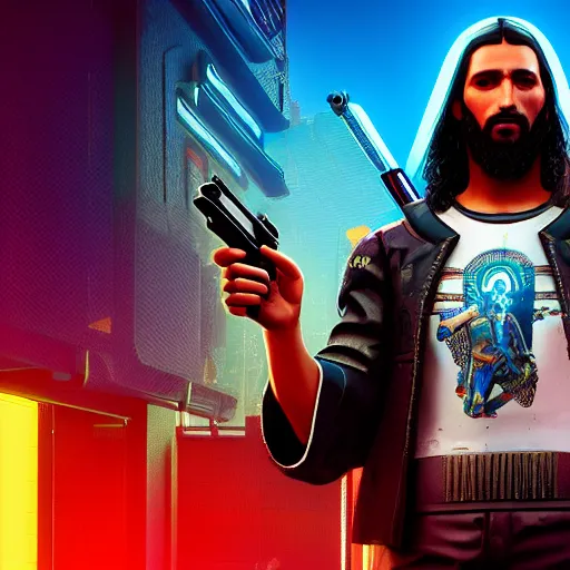 Prompt: Jesus in Cyberpunk 2077 with a pistol, Orthodox icon, handmade, wooden greek christian athos icon , concept art, unreal engine, 4k render, global illumination, blender, cycles, featured on artstation, pixiv