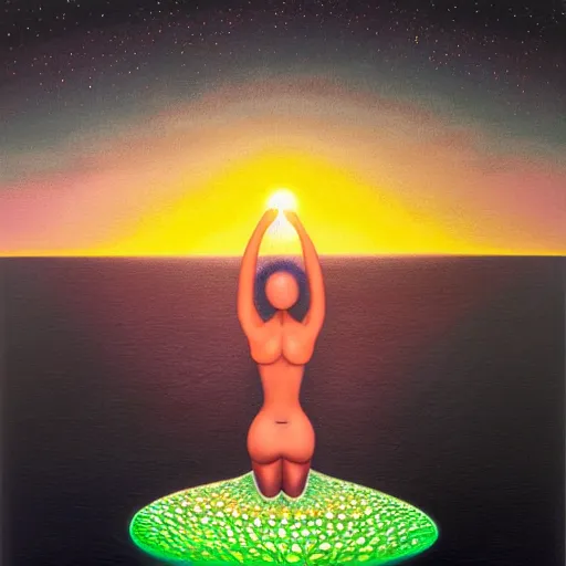 Prompt: a black woman meditating on a black sand beach at sunset, bioluminescent plankton by justin bua and evgeni gordiets and amanda sage in a surreal style, oil on canvas