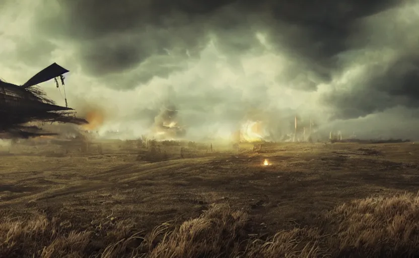 Prompt: an immense steampunk airship crashed and burning in a field, thick black smoke billowing, turbulent storm clouds, dystopian, sharp focus, octane render, imax