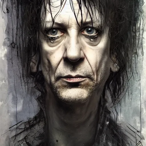Prompt: stunning portrait of gaunt neil gaiman a ( the cure fan ) as dream from sandman, dim stars as eyes, by jeremy mann, by cedric peyravernay, by by russ mills, by richard avedon and ben templesmith, dramatic lightning, sadness, dark eye sockets, in the shadows, punk rock, gothic, high detailed, 8 k