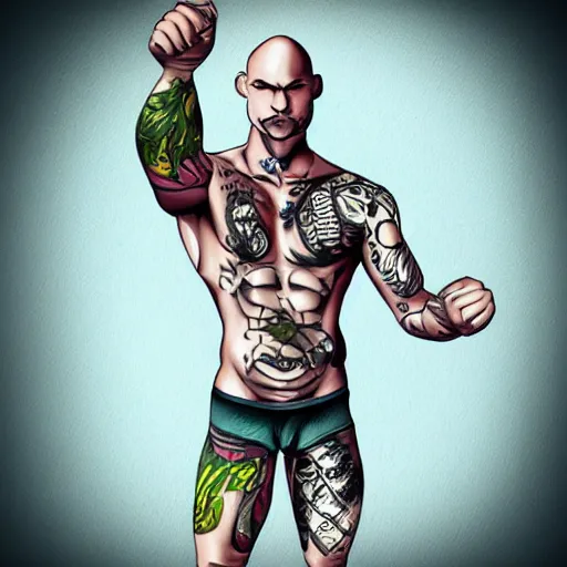 Image similar to muscular bald man, tattooed body, sword in hands, HD, anime style,