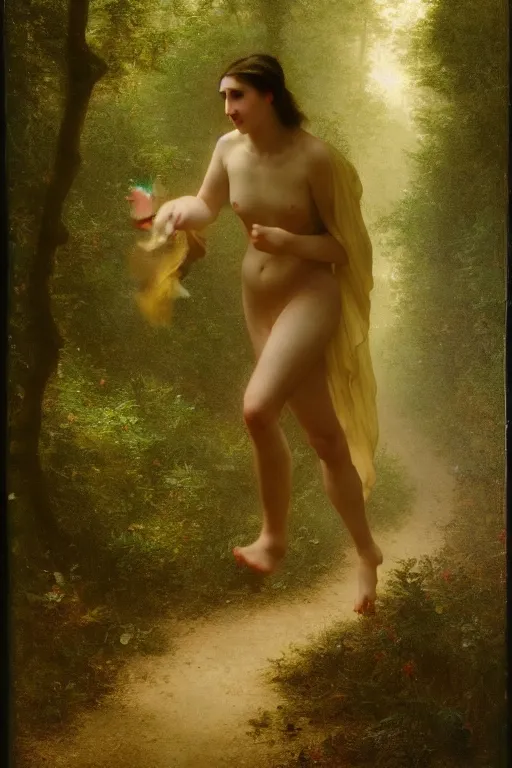 Image similar to runninh through the woods,long exposure, bouguereau