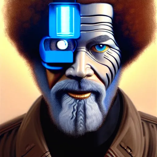 Image similar to bob ross with extremely large and intricate eye cyberpunk bionics with angry blue eyes and slim features looking askance, eye cyberpunk bionics, retro futurist style, intricate, elegant gleaming intricate baroque jewelry, angelic halo, highly detailed, digital painting, artstation, concept art, smooth, sharp focus, illustration, art by wlop, mars ravelo and greg rutkowski,