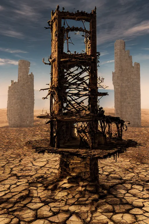Prompt: an old decaying tower in the middle of a vast desert, fantasy, hyper realistic, atmospheric lighting, 8k,