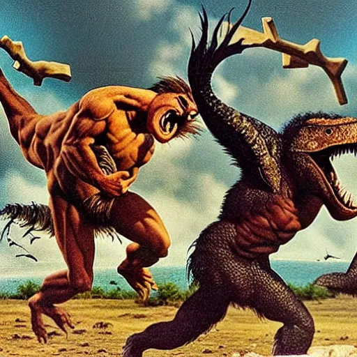 Prompt: color photo of T Rex dinosaur attacking cavemen.