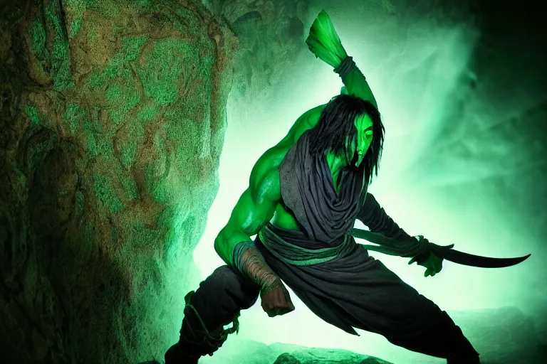 Image similar to vfx film, soul reaver, raziel irl, price of persia movie, missing jaw, hero pose, devouring magic souls, scarf, glowing green soul blade, in epic ancient sacred huge cave temple, flat color profile low - key lighting award winning photography arri alexa cinematography, hyper real photorealistic cinematic beautiful, atmospheric cool colorgrade