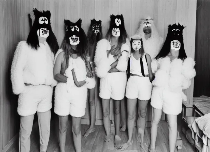 Prompt: realistic photo of the people wearing wooden fluffy hairy masks, white fluffy cotton shorts, polished and fancy, standing in the wooden room full of wooden furniture 1 9 9 0, life magazine reportage photo