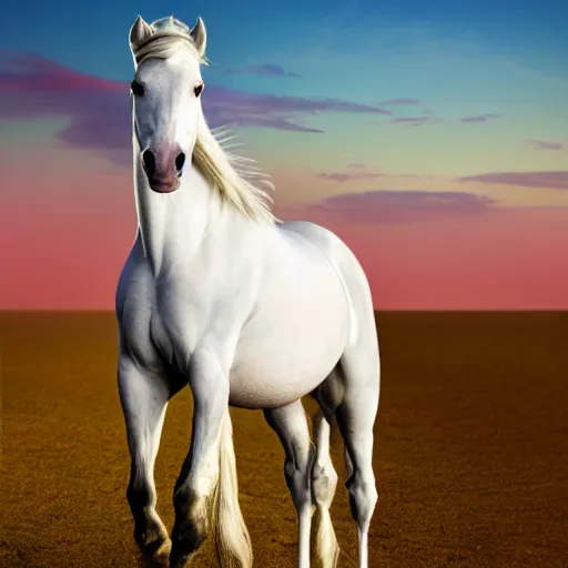 Prompt: photo of white arabic horse, blue soft background with sun set