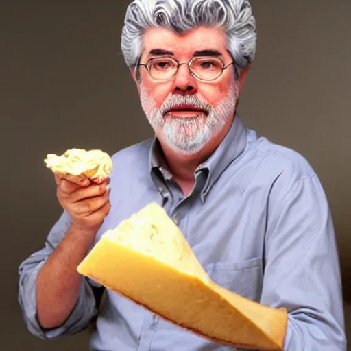 Image similar to george lucas eating a cone of cheese flavored ice cream