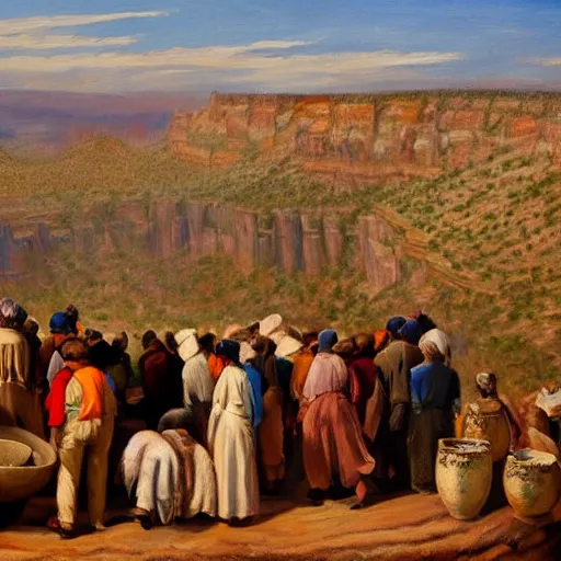 Prompt: Oil painting of a crowd of pilgrims standing on the rim of an enormous pottery bowl in the Arizona desert