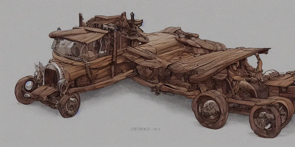 Image similar to wooden vehicle design, design sheet, Moebius, Greg Rutkowski, Zabrocki, Karlkka, Jayison Devadas, Phuoc Quan, trending on Artstation, 8K, ultra wide angle, zenith view, pincushion lens effect.