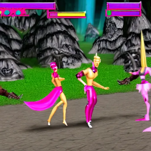 Image similar to screenshot from original mortal kombat game, barbie vs unicorn