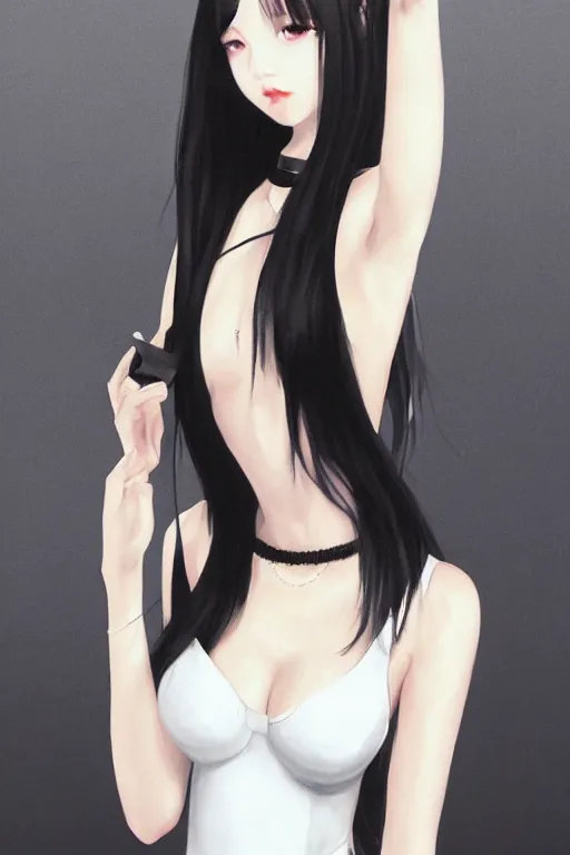 Image similar to realistic detailed semirealism beautiful gorgeous cute Blackpink Lalisa Manoban wearing white wet silky dress, black hair black cat ears, black leather choker, proportional body, WLOP, Aztodio, Taejune Kim, sakimichan, ArtGerm, Pixiv, Instagram, Artstation