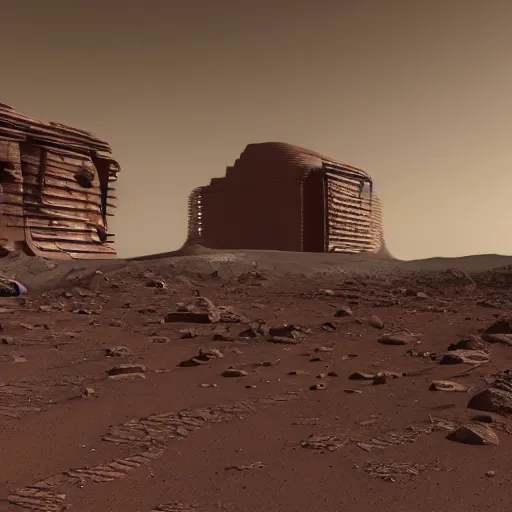 Prompt: a streetscape on mars in the future with many structures, realism