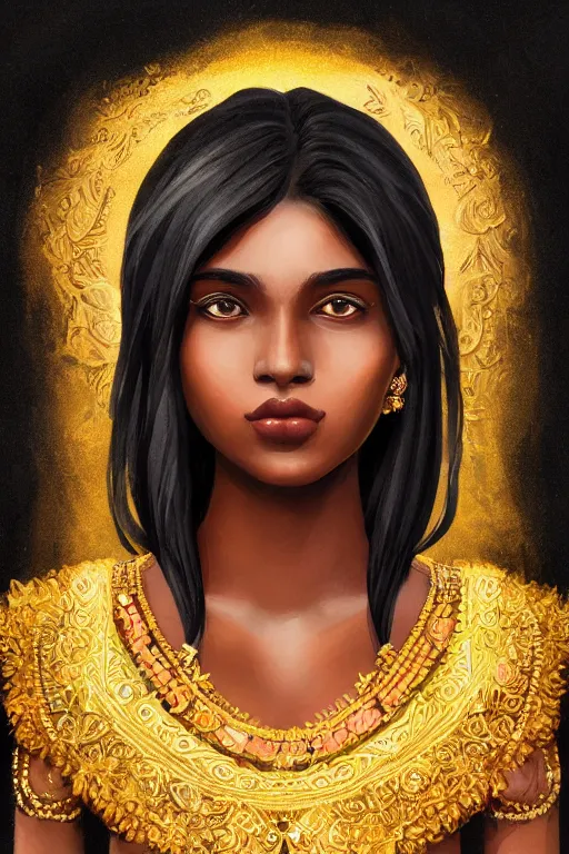 Prompt: A bust of a beautiful black skinned Sri Lankan girl with lovely lips and smooth eyebrows and straight hair, HD, illustration, epic, fantasy, intricate, elegant, amazing detail, digital painting, artstation, concept art, smooth, sharp focus, illustration, art by Turine Tran