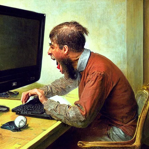 Image similar to an angry man yells at his computer monitor, oil on canvas, 1 8 8 3, highly detailed