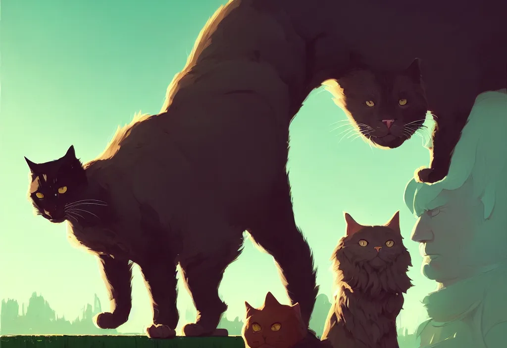 Image similar to portrait of joe biden and giant cat standing together, fantasy, by atey ghailan, by greg rutkowski, by greg tocchini, by james gilleard, by joe gb fenton, dynamic lighting, gradient light green, brown, blonde cream, salad and white colors in scheme, grunge aesthetic