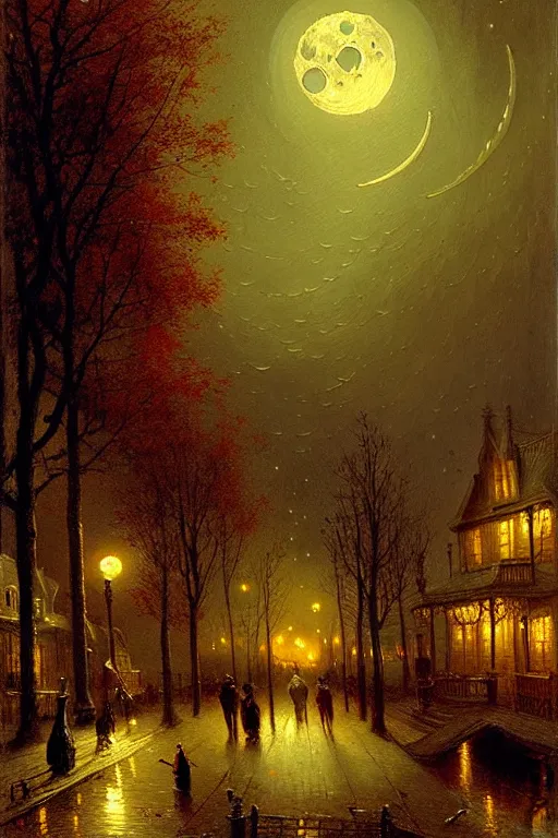 Prompt: detailed painting of a victorian living capsule architecture, spooky night scene, moon stars, autumn trees, street lights, filigree ornaments, andreas achenbach