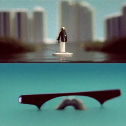 Image similar to beautiful hyperrealism three point perspective film still of Gandalf the grey boat racing in Miami Vice(1988) extreme closeup portrait in style of 1990s frontiers in translucent porclein miniature street photography seinen manga fashion edition, miniature porcelain model, focus on face, eye contact, tilt shift style scene background, soft lighting, Kodak Portra 400, cinematic style, telephoto by Emmanuel Lubezki