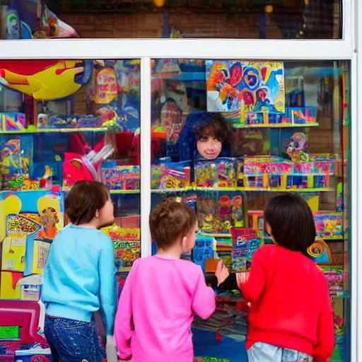 Image similar to kids peeking through a toy store's window from outside